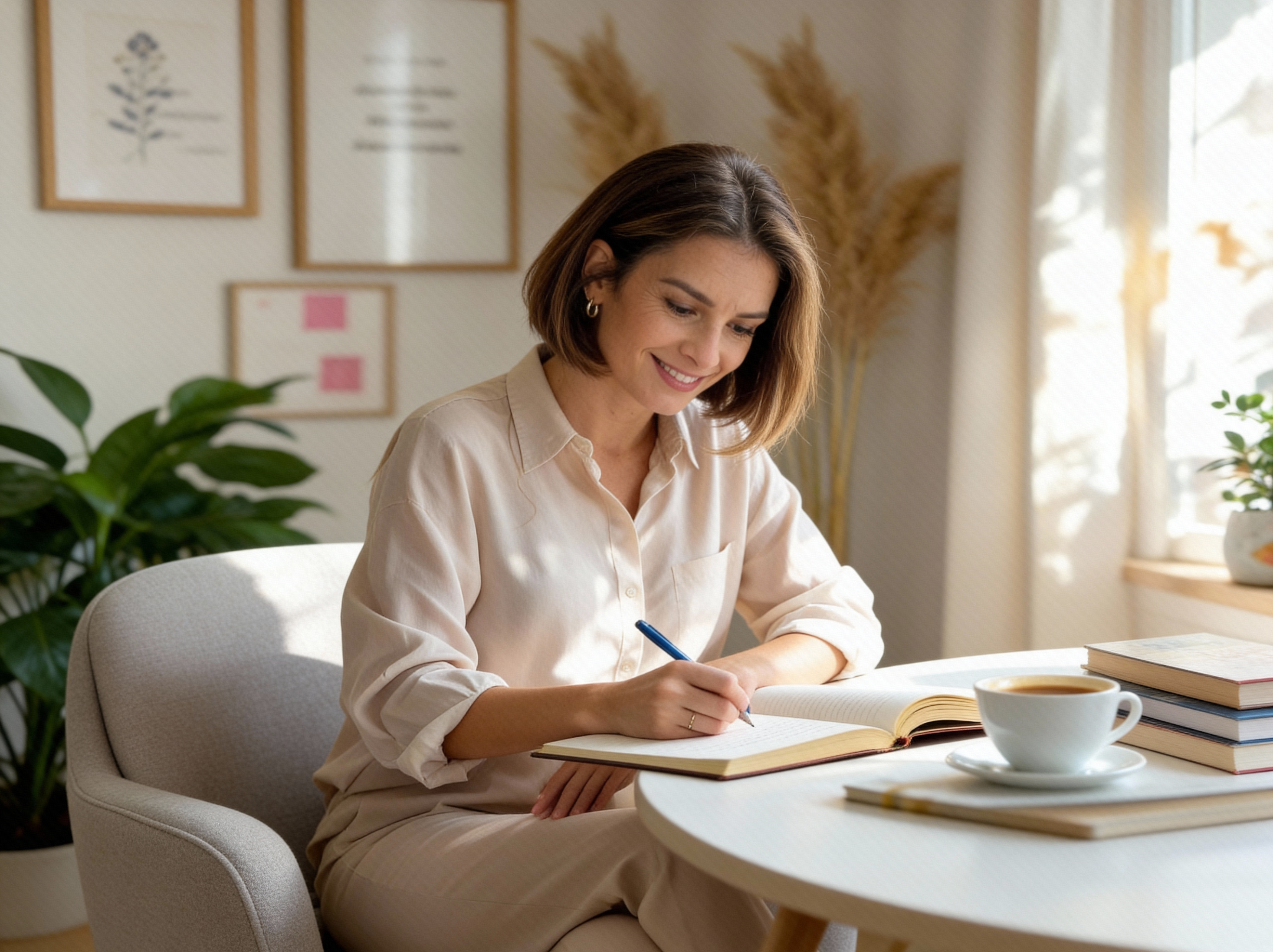 Maggie writing in a notebook at a table
